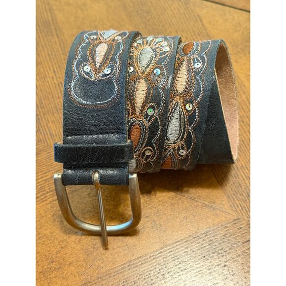 Genuine Leather Black Embroidered Western Belt Small Boho Cowgirl Sequins - Picture 1 of 8